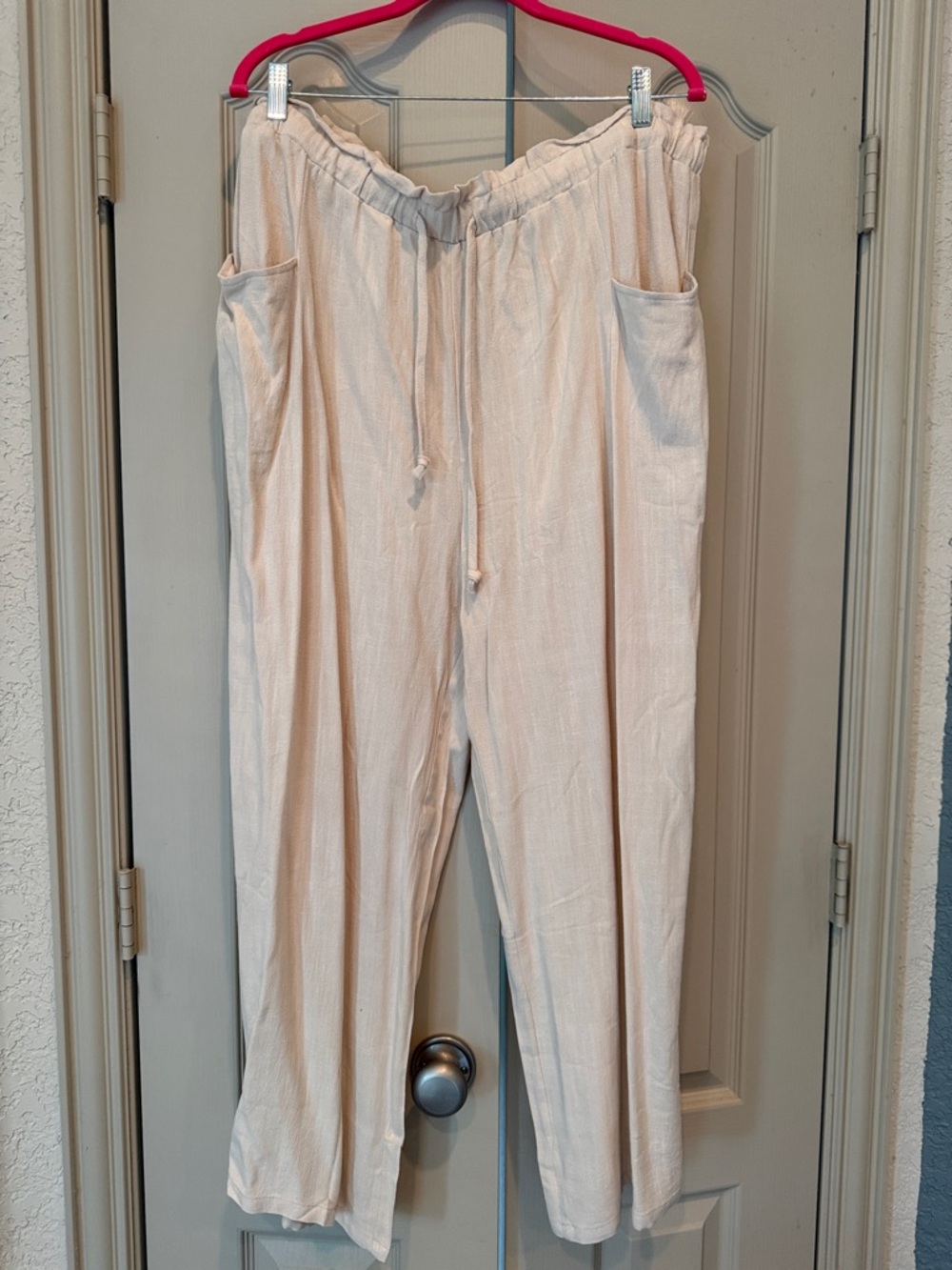 Light Cream Wide Leg Linen Drawstring Pants